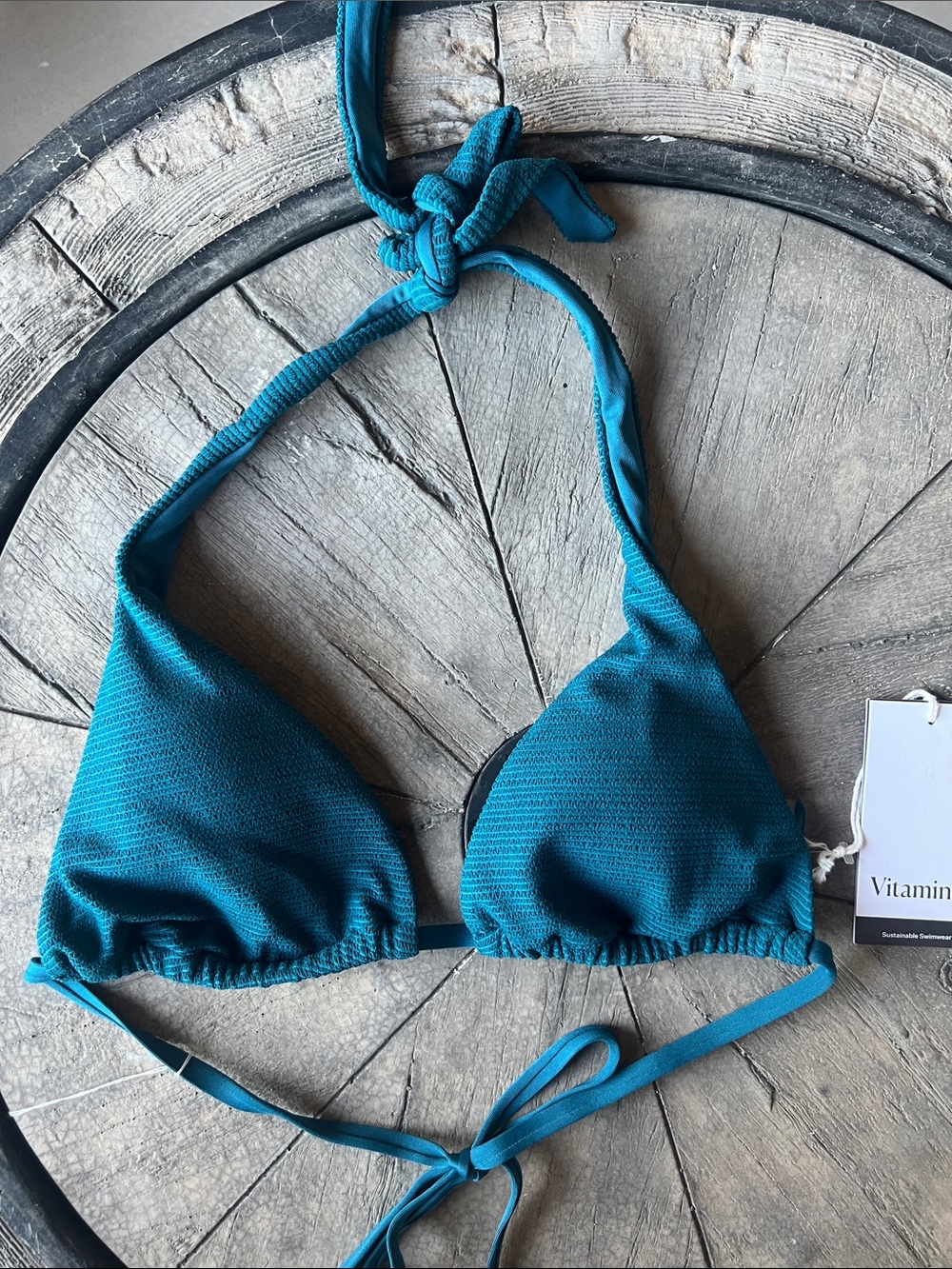 Vitamin A Teal Textured Triangle Bikini Top Large BT2